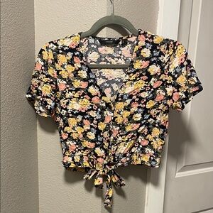 Vero Moda Floral Tie-Front Crop Top - Black, Yellow, Pink